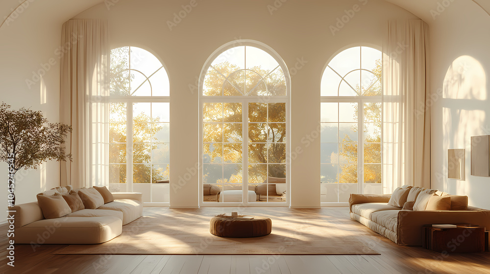 Fototapeta premium Design for a cream-colored apartment living room with smooth arc doors, comfortable furniture, and simple lighting.
