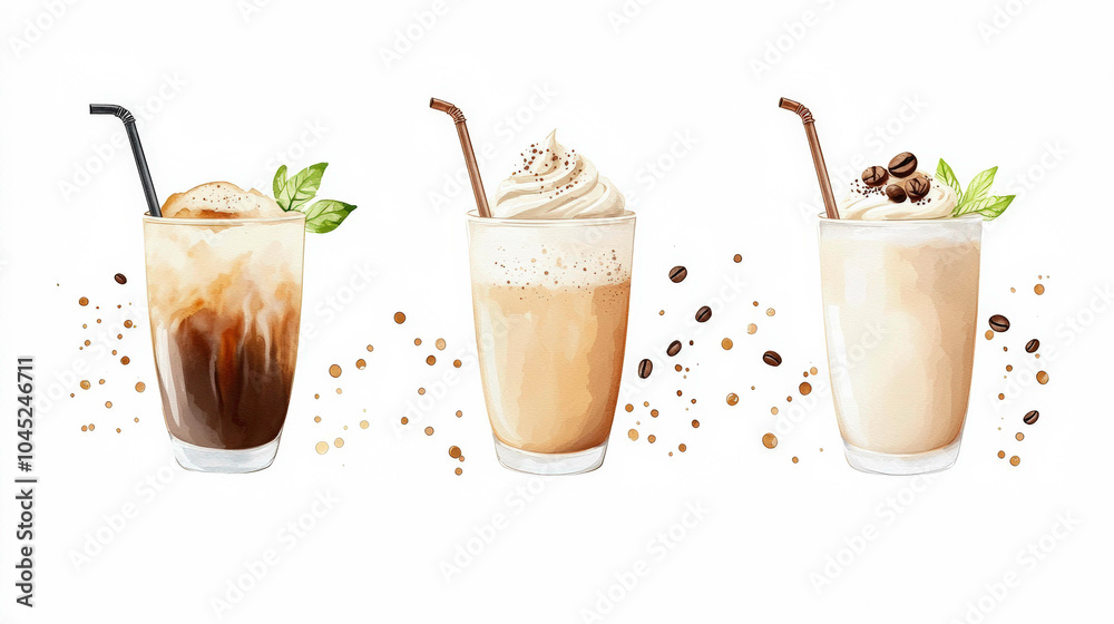 Three refreshing coffee beverages are displayed, featuring ice, cream, and toppings, perfect for coffee lovers on a warm day. Three refreshing coffee beverages are displayed, featuring ice, cream, and toppings, perfect for coffee lovers on a warm day.