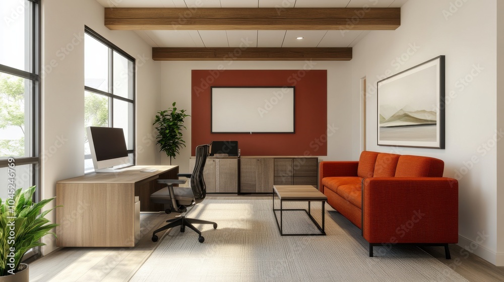 Fototapeta premium Modern Office Space with Open Desks and Stylish Decor