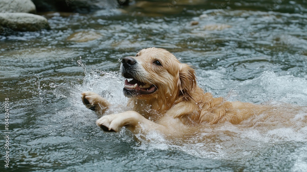 Excited dog enjoying a swim in a flowing river, splashing water with its paws and tail. Excited dog enjoying a swim in a flowing river, splashing water with its paws and tail.
