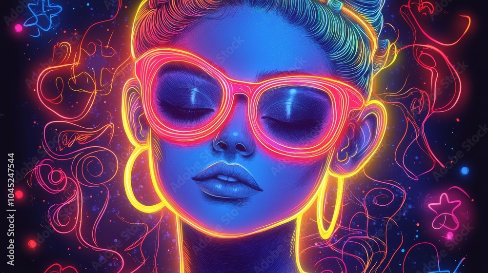 Fototapeta premium A serene young woman with vibrant neon glasses, showcasing an artistic glow against a dark, colorful background.