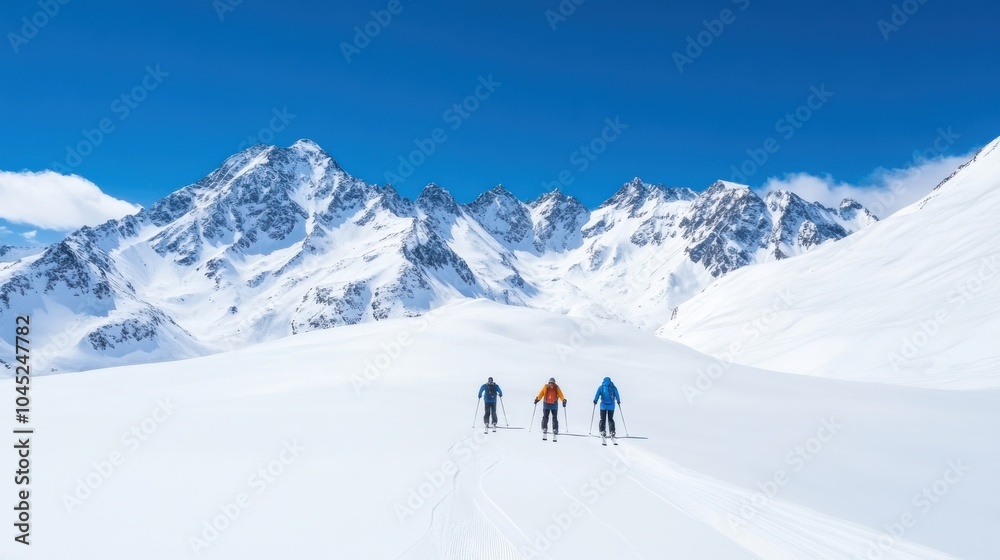 Skiers and Snowboarders Enjoying Fresh Powder in Mountains Skiers and Snowboarders Enjoying Fresh Powder in Mountains