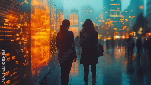 Dynamic business team collaborating amidst a vibrant cityscape at twilight