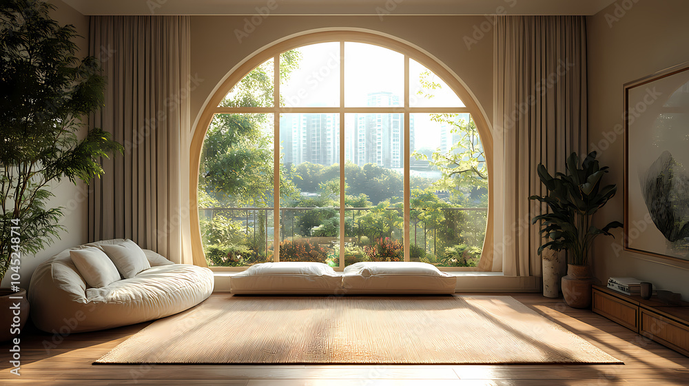Fototapeta premium Design for a cream-colored apartment living room with smooth arc doors, comfortable furniture, and simple lighting.
