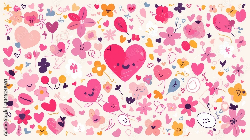 Colorful abstract pattern featuring various hearts and flowers in shades of pink and purple. Colorful abstract pattern featuring various hearts and flowers in shades of pink and purple.