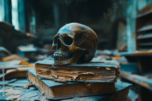 ancient knowledge in ruins, forgotten medieval relics, skull and stories of the past