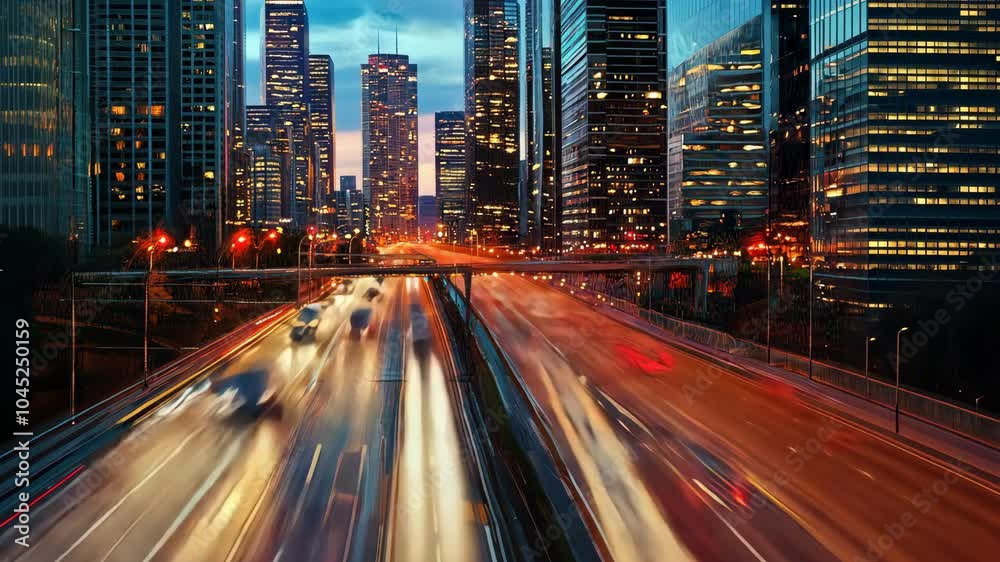 Cars speed down a highway in the city at night Cars speed down a highway in the city at night