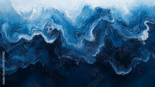 A mesmerizing abstract painting featuring swirling hues of deep blue and white, evoking the essence of ocean waves.