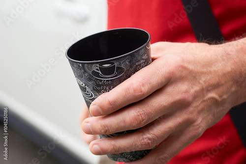 Coffee break. Man driver with a cup of coffee near the car photo