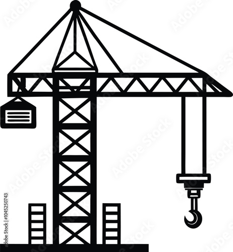 Black and white Construction Crane illustration on white background.