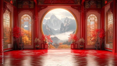 traditional chinese red oriental room scene poster background
