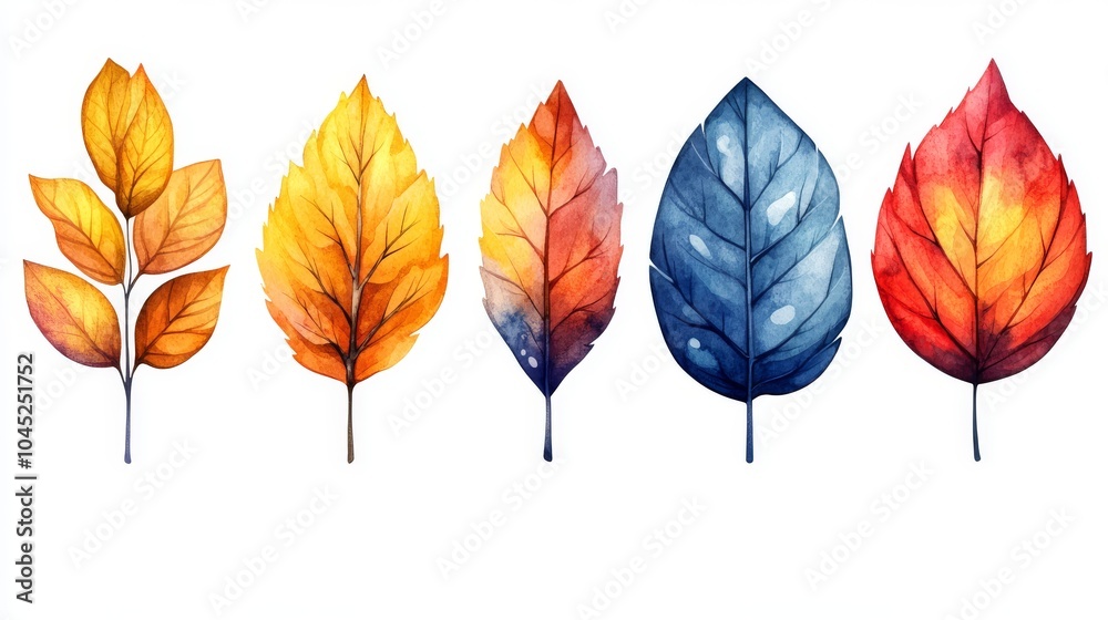 Obraz premium Colorful watercolor leaves in shades of autumn, showcasing yellow, orange, blue, and red hues.