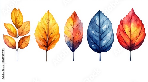 Colorful watercolor leaves in shades of autumn, showcasing yellow, orange, blue, and red hues.
