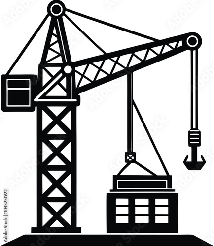 Black and white Construction Crane illustration on white background.