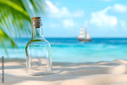 A glass bottle with an opening at the bottom lies on the sand. Inside, the ocean is visible, and a ship is floating away from it. The scene has a dreamy atmosphere photo