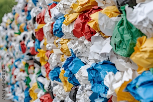 A colorful wall of crumpled plastic bags ready for recycling.