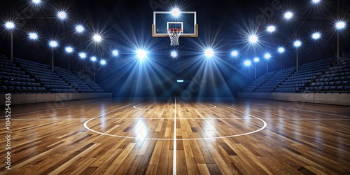 An empty basketball court, illuminated by spotlights shining down onto the gleaming wooden floor, with rows of blue seats on either side, creating a scene of anticipation before the game begins.