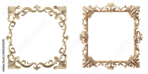 Two ornate, decorative picture frames in gold tones with intricate detailing, showcasing elegance and artistry against a black background.