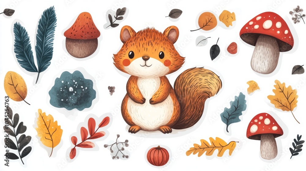 Obraz premium Adorable cartoon squirrel surrounded by colorful autumn leaves and mushrooms.
