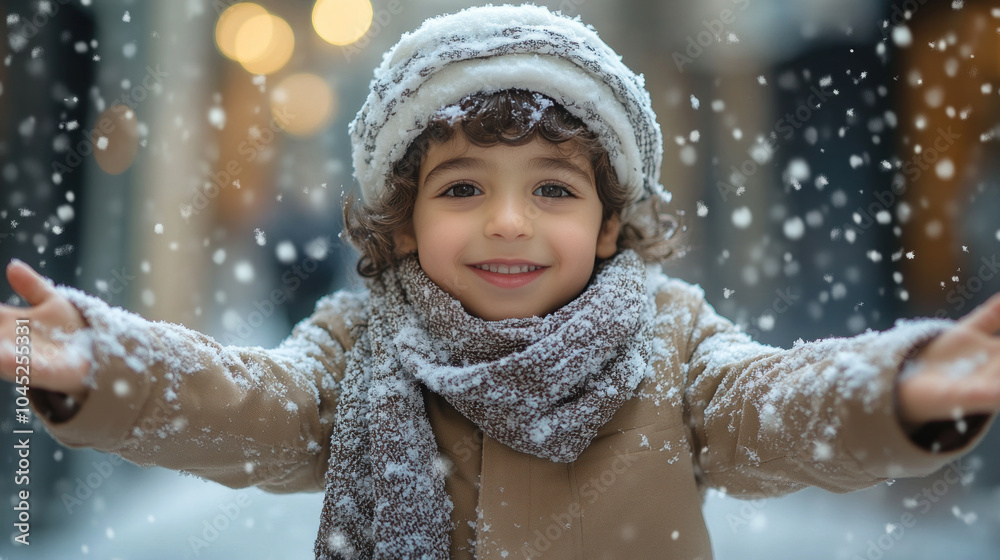 Arabian little boy with arms outstretched playing snow outside Arabian little boy with arms outstretched playing snow outside
