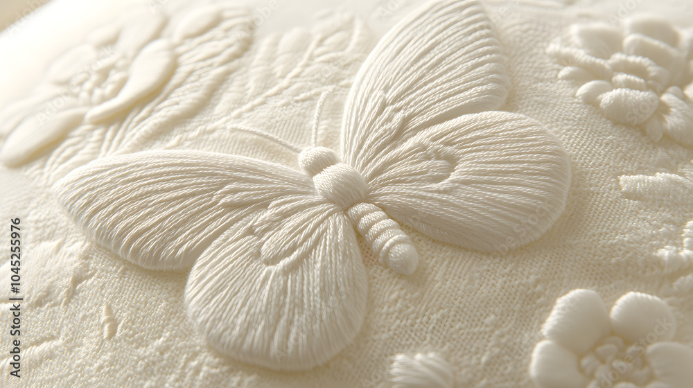 Intricate and Elegant Embroidery Design of Butterflies on Soft Linen Textile, Showcasing Detail and Aesthetic Craftsmanship Intricate and Elegant Embroidery Design of Butterflies on Soft Linen Textile, Showcasing Detail and Aesthetic Craftsmanship