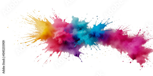 Multicolored rainbow explosion of cloud powder paint decoration isolated on transparent background. Vector abstract colorful rainbow paint festival background.