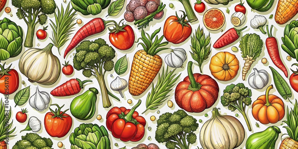 A Vibrant Tapestry of Fresh Produce A Hand-Drawn Seamless Pattern of Vegetables, Fruits, and Herbs, Exuding a Culinary Delight