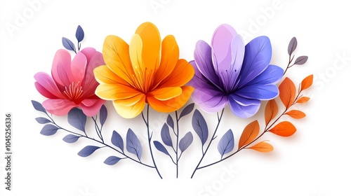 A vibrant arrangement of pink, orange, and purple flowers with delicate leaves on a light background.