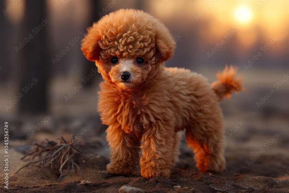 A small, fluffy puppy stands on the soft ground in a forest, illuminated by the warm glow of the sunset. The puppy's curly fur shines in the golden light, creating an adorable scene. A small, fluffy puppy stands on the soft ground in a forest, illuminated by the warm glow of the sunset. The puppy's curly fur shines in the golden light, creating an adorable scene.