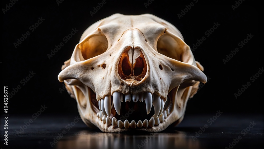 Fox skull without lower jaw on black background, contrast, minimalistic, macro Fox skull without lower jaw on black background, contrast, minimalistic, macro