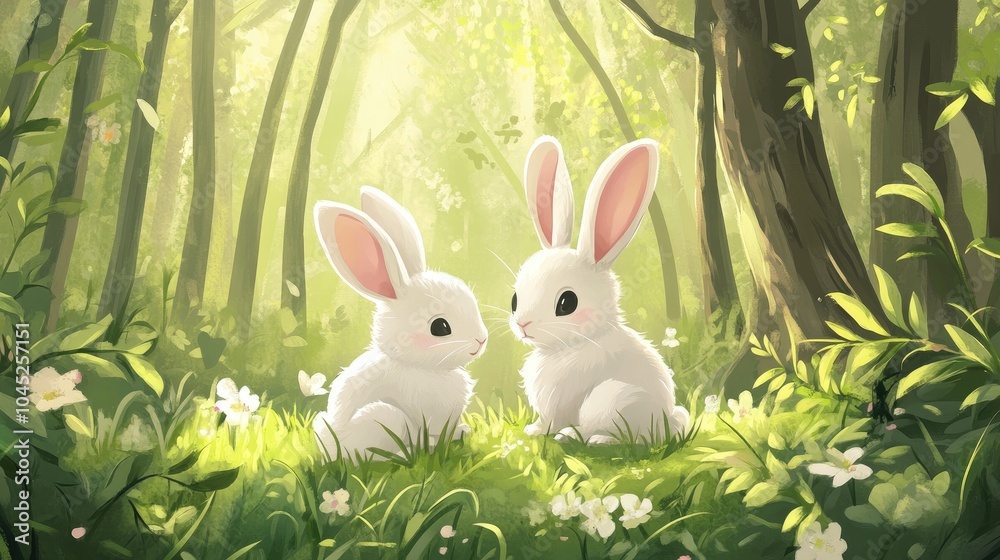 Adorable 2D cartoon bunnies in a forest glade capturing a springtime love theme perfect for a postcard design Adorable 2D cartoon bunnies in a forest glade capturing a springtime love theme perfect for a postcard design