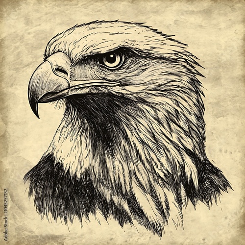 Detailed pencil drawing of a bald eagle's head on textured paper. photo