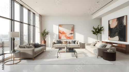 A sleek, open-concept living room with floor-to-ceiling windows, plush furniture, and abstract art, showcasing a serene modern luxury aesthetic.