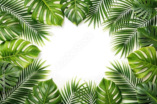 Frame of tropical green leaves on white background