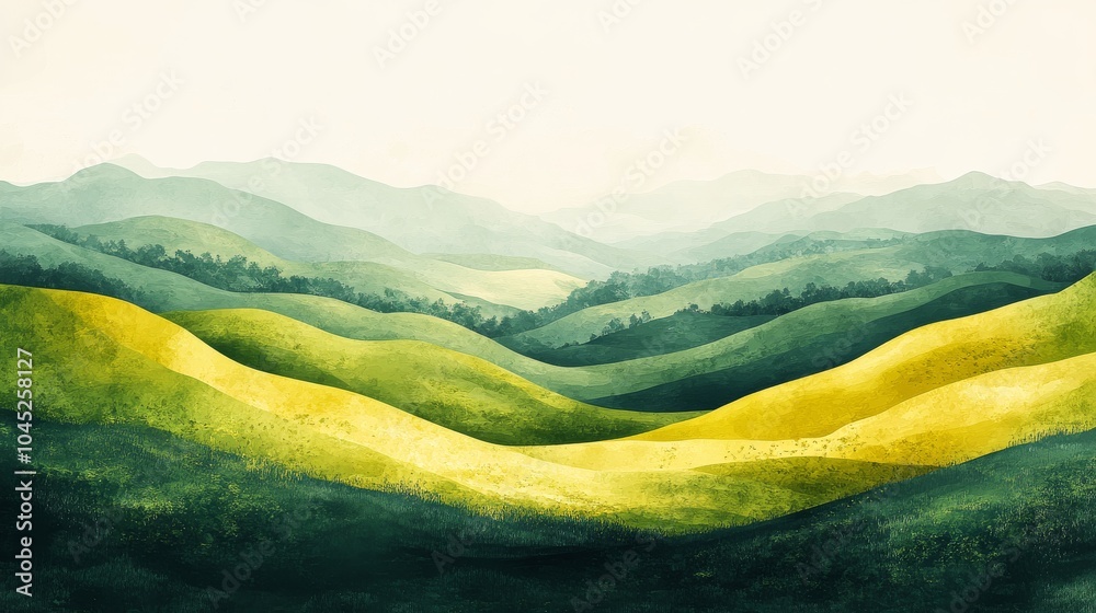 A serene landscape of rolling hills in green and yellow tones, creating a peaceful and calming atmosphere. A serene landscape of rolling hills in green and yellow tones, creating a peaceful and calming atmosphere.