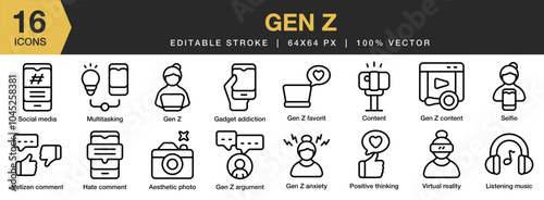 Gen Z icon set. Editable Stroke Icon Collection. Includes aesthetic photo, content, gadget addiction, anxiety, argument, and More. Outline icons vector collection.