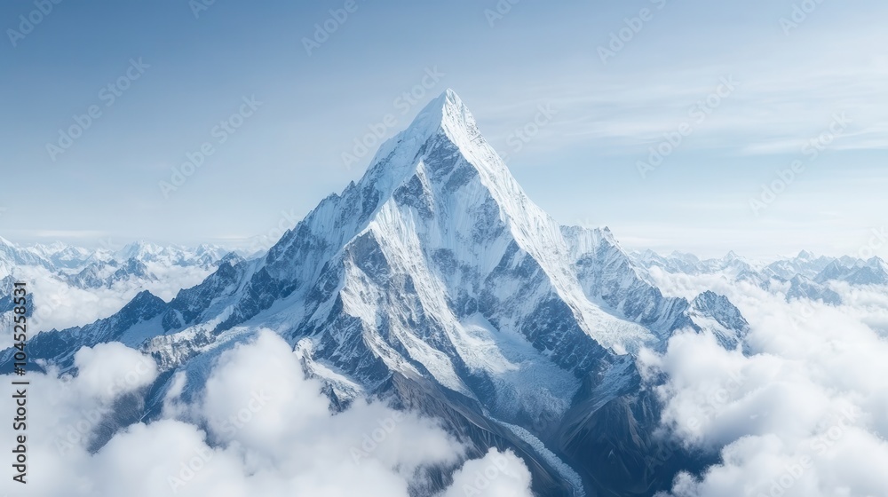 Naklejka premium Majestic Snow-Capped Mountain Peak Above the Clouds