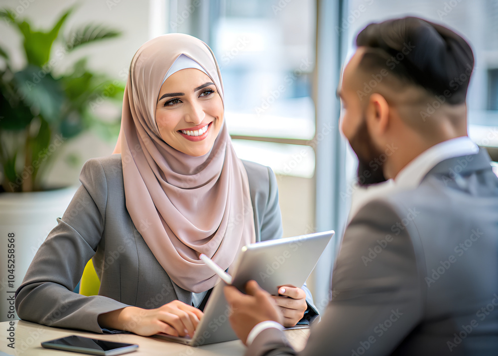 Happy Arab business professional woman in hijab talking to colleague discussing Happy Arab business professional woman in hijab talking to colleague discussing