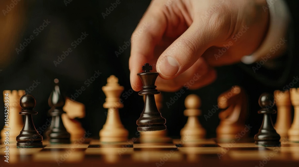 A focused hand moves a black king chess piece strategically on a wooden chessboard during an intense game.