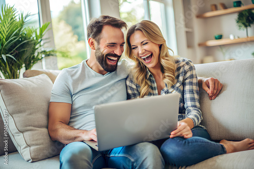 Happy couple using laptop laughing on funny amusing online content and sitting sofa at home