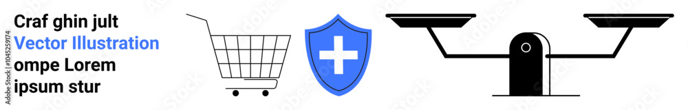 A shopping cart a shield with a cross and a balance scale. Ideal for e-commerce security health finance and law. Simple design and vector style. Banner for landing page A shopping cart a shield with a cross and a balance scale. Ideal for e-commerce security health finance and law. Simple design and vector style. Banner for landing page