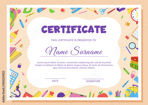School diploma, certificate template with school supplies.