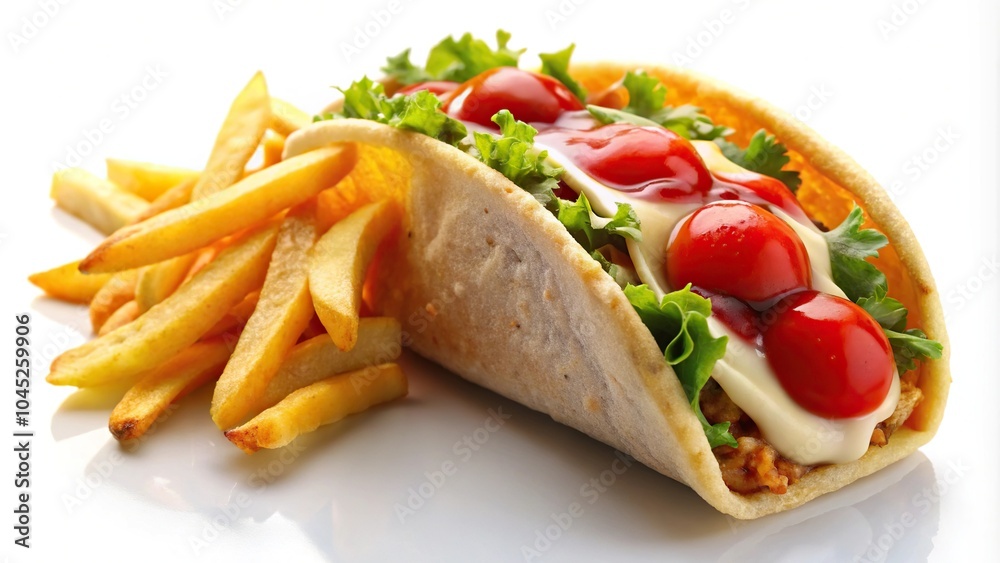 French tacos with French fries, ketchup, and mayonnaise on white background French tacos with French fries, ketchup, and mayonnaise on white background