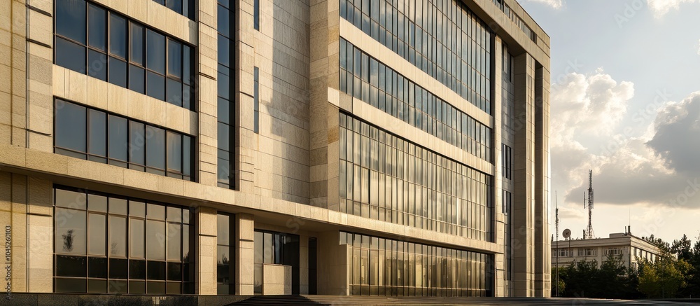 Modern office building with glass windows and stone facade.