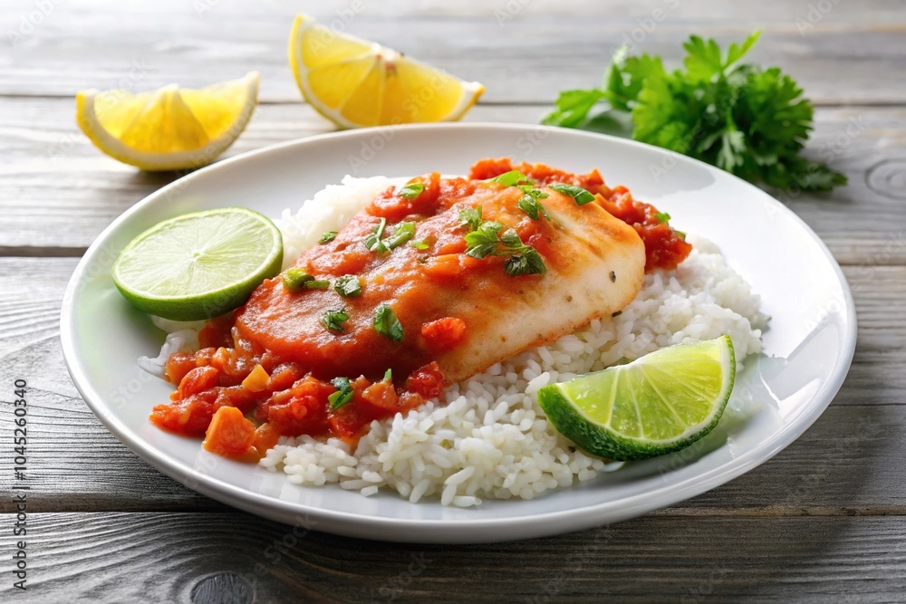 Fresh and delicious fish filet dish with tomato sauce, lime, and rice Fresh and delicious fish filet dish with tomato sauce, lime, and rice