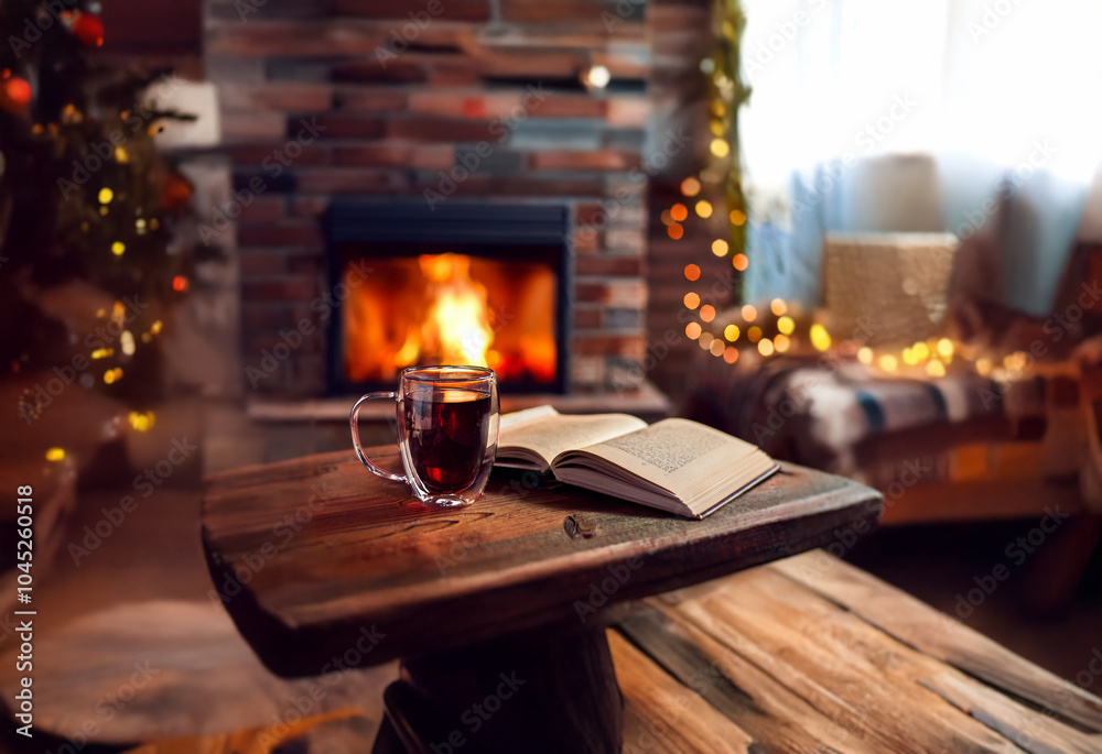 A cozy living room with a crackling fireplace, a warm drink, and a book on a rustic coffee table. A cozy living room with a crackling fireplace, a warm drink, and a book on a rustic coffee table.