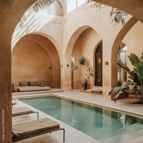 A pool with a tan wall and a tan ceiling. There are two lounge chairs in the pool area photo