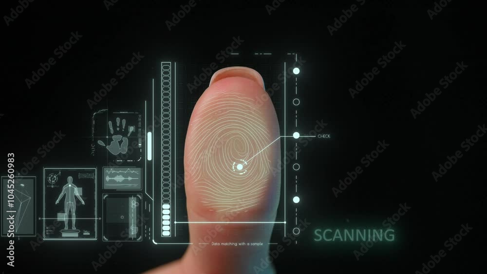 Woman thumb finger touching glass screen panel and activating holographic safety interface, identity scanner scanning fingerprint showing access denied.