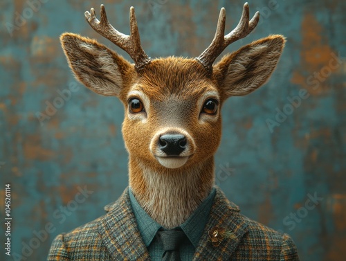 Close-up of an anthropomorphic deer in a casual business suit, showcasing grace and serenity for wellness and lifestyle promotions. Detailed view of suit and deer. photo