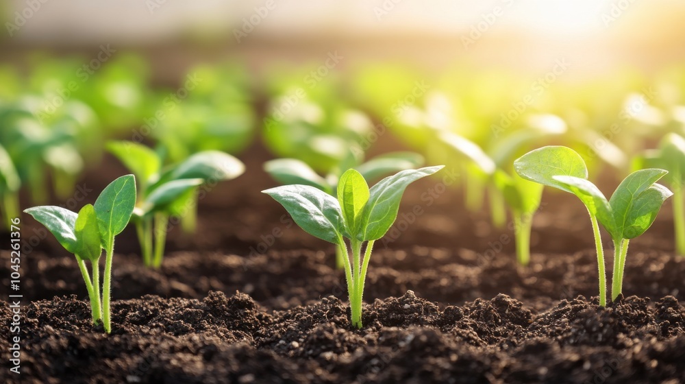 Fresh Seedlings Sprouting in Neat Rows Under Sunlight Fresh Seedlings Sprouting in Neat Rows Under Sunlight